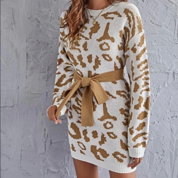 🆕LAST ONE🛍 Gold Leopard Ribbon Tie Sweater Dress - Picture 4 of 5